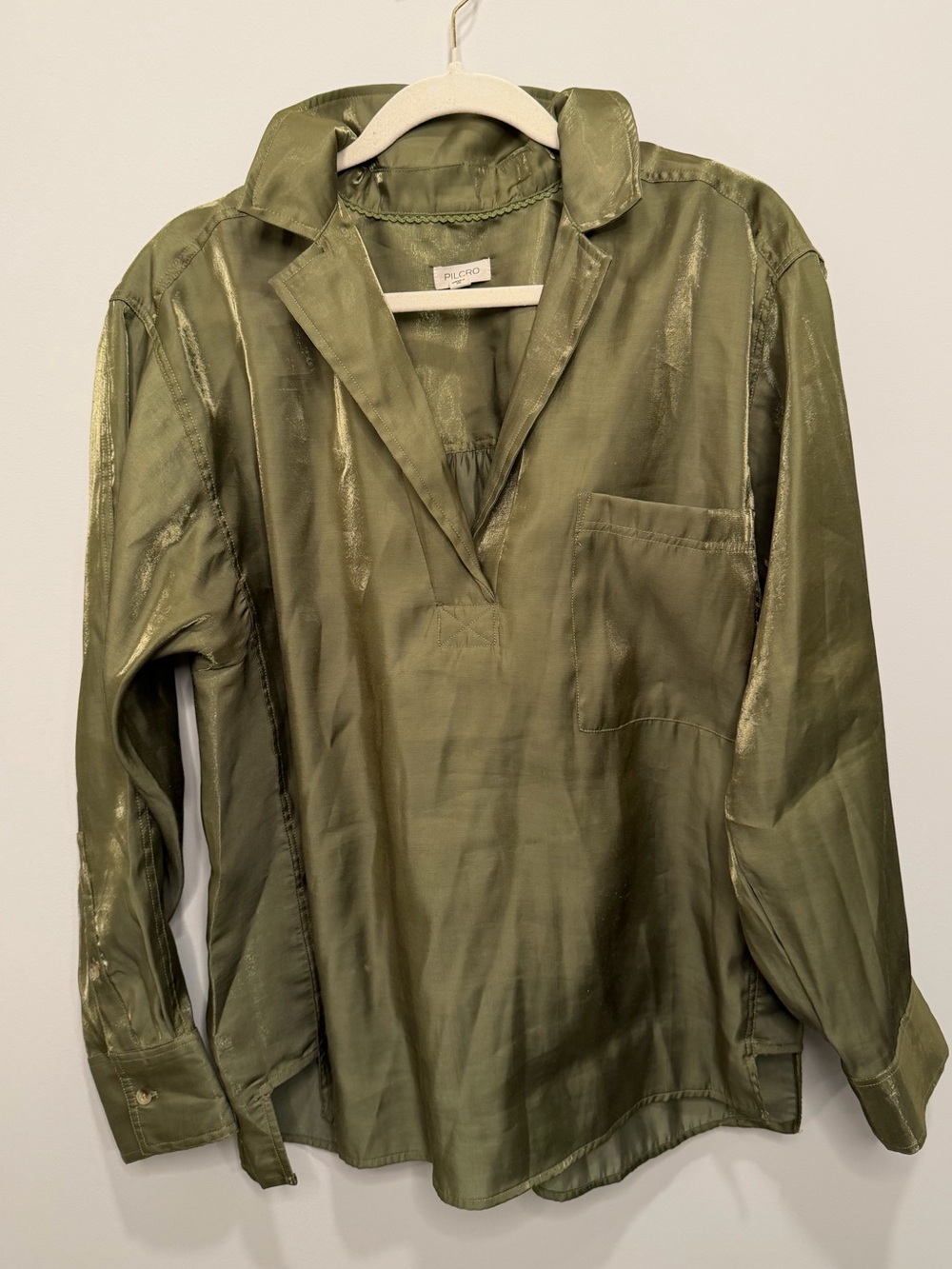 Pilcro Anthropologie Olive Green Metallic Satin Popover Blouse Size Medium